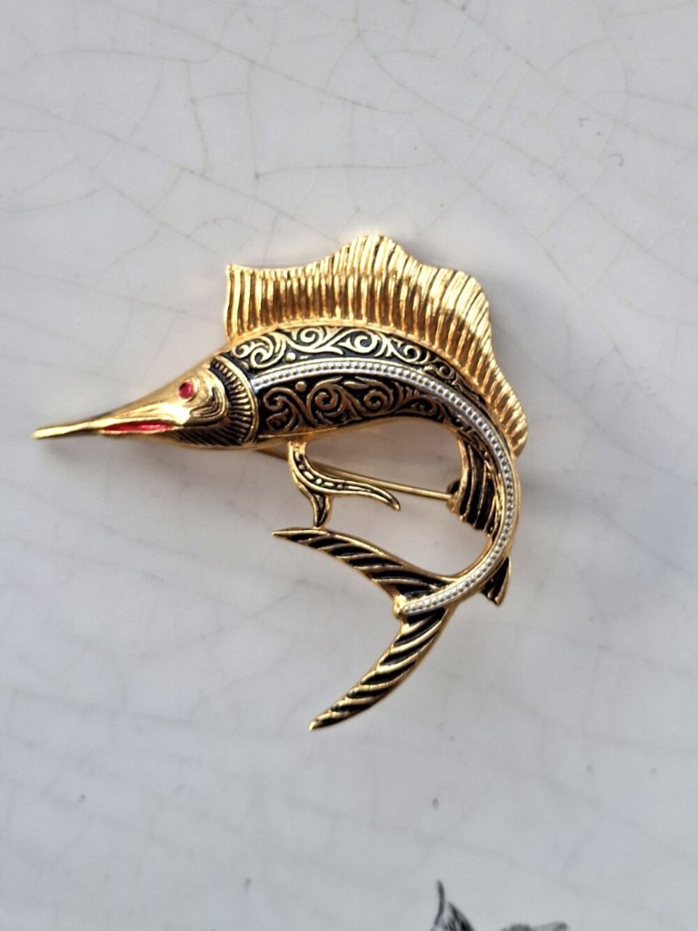 Vintage Damascene Marlin Brooch